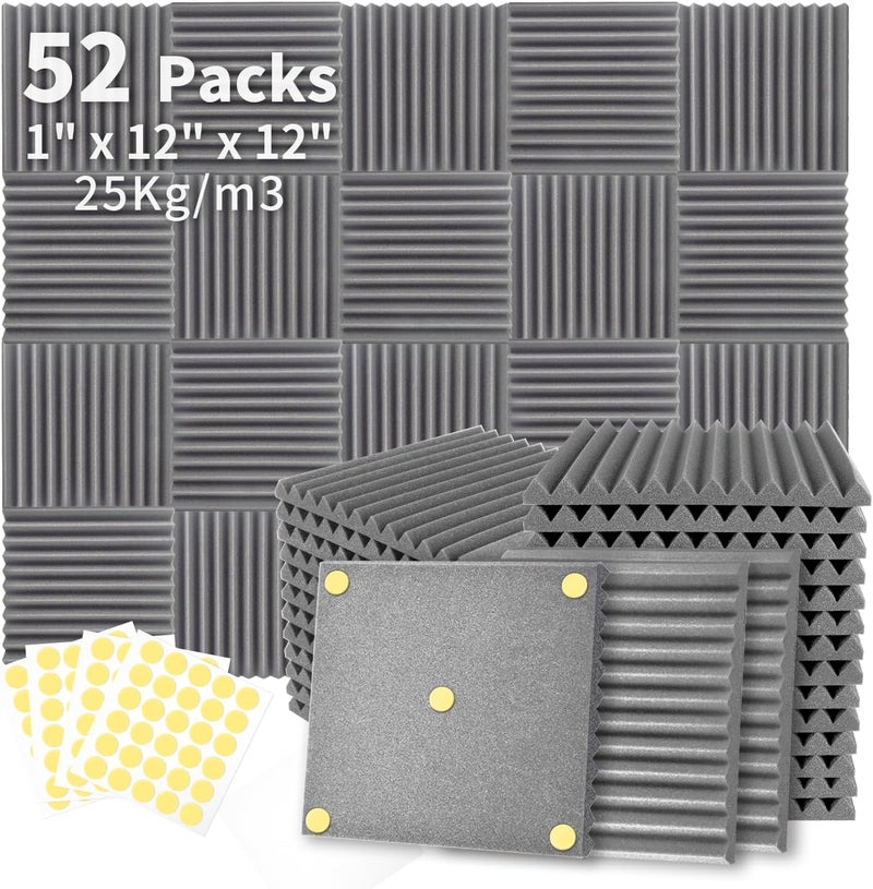 Focusound 52 Pack Grey Acoustic Foam Panels 1" x 12" x 12" Sound Proof Foam Panles Soundproofing Noise Cancelling Wedge Panels for Home Office Recoding Studio with 300PCS Double-Side Adhesive - Image 1